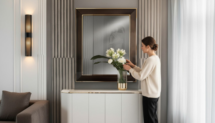 Specchio da parete con cornice in legno, specchio arredoclassic mobili 100x120cm, cornice in legno per parete.