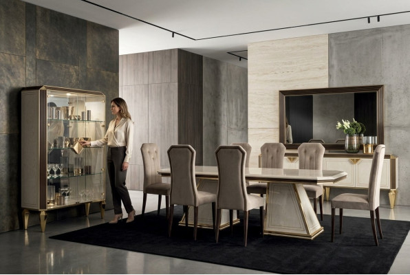 Set da pranzo 10 pezzi Vetrina Tavolo 6 sedie Credenza Specchio Mobili Legno