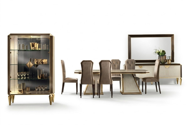 Set da pranzo 10 pezzi Vetrina Tavolo 6 sedie Credenza Specchio Mobili Legno