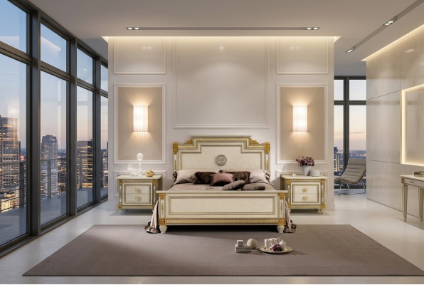 Letto + 2x comodini 3 pezzi. Set camera da letto di design di lusso stile barocco.