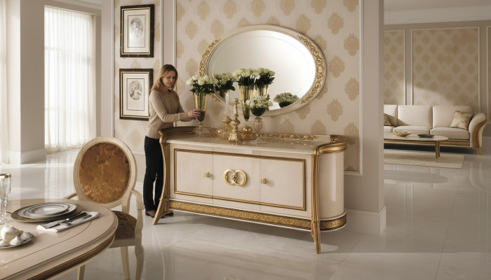 Comò in legno stile barocco con specchio, arredi di lusso italiani, set di 2 pezzi nuovo.