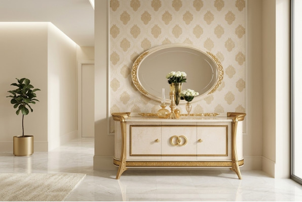Comò in legno stile barocco con specchio, arredi di lusso italiani, set di 2 pezzi nuovo.