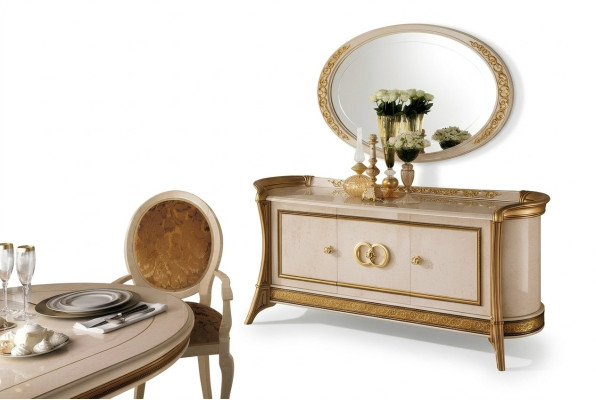 Comò in legno stile barocco con specchio, arredi di lusso italiani, set di 2 pezzi nuovo.
