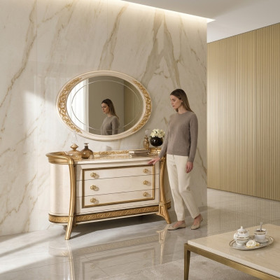 Specchio Comò Armadio Comodini Set Camera da letto in legno Stile classico 2 pezzi.
