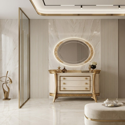 Specchio Comò Armadio Comodini Set Camera da letto in legno Stile classico 2 pezzi.