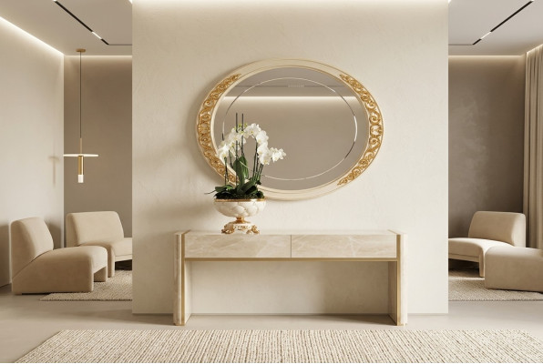 Specchio design con cornice in legno vero da appendere, arredamento di lusso stile barocco.