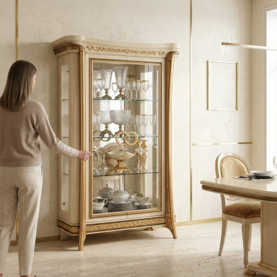 Vetrina Vetrine Armadio in vetro Soggiorno Scaffale Barocco Rococò Legno reale