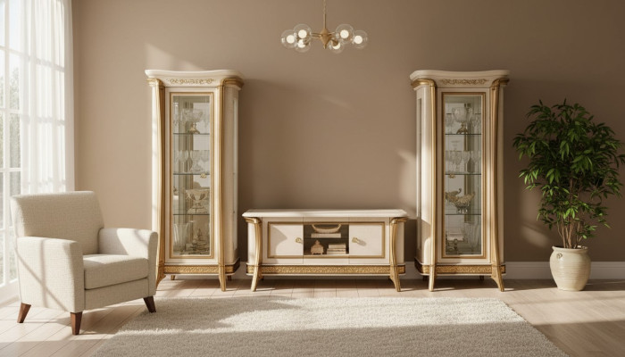 Soggiorno credenza 2x vetrina 3 pezzi mobile soggiorno arredo classico set design.