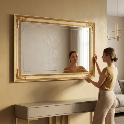 Specchio da parete classico con cornice in legno, mobile specchio dorato 170x110 cornice in legno da parete.