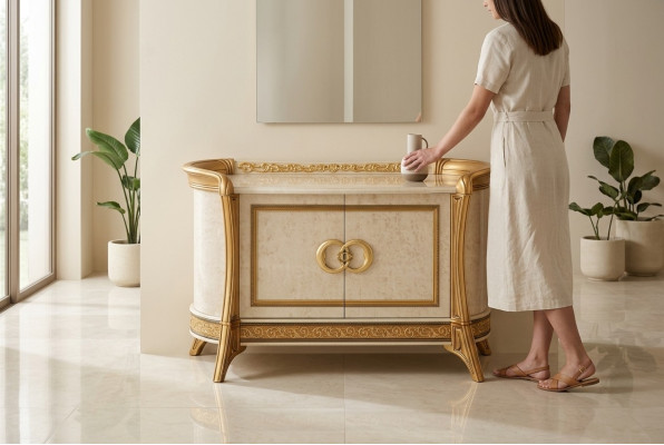 Comò design in legno, armadio comò di lusso, credenza, beige.