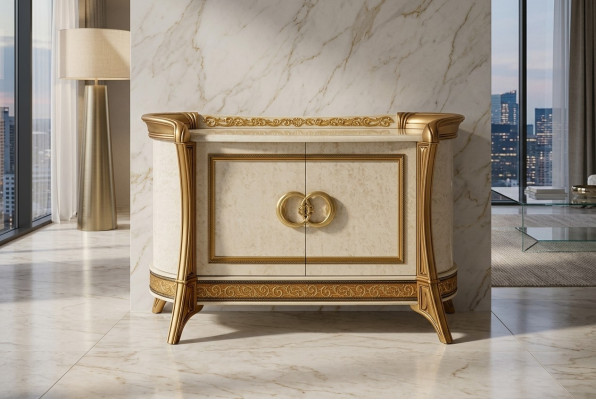 Comò design in legno, armadio comò di lusso, credenza, beige.
