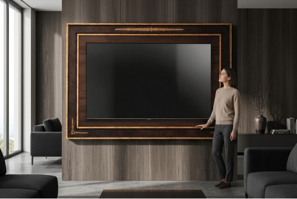pannello parete tv in legno barocco di lusso rivestito, arredamento da parete tv per soggiorno.