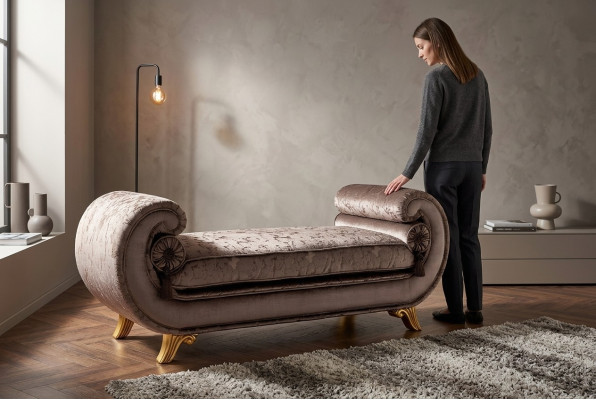 Soggiorno Salotto Mobili Classico Divano Design Marrone Tessile Chaise Longue Nuovo