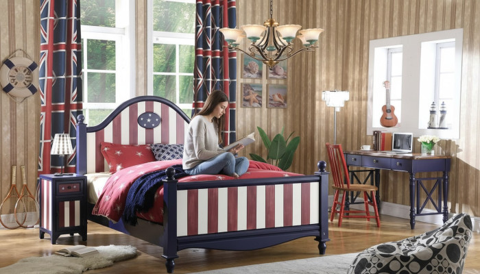 America Letto Camera dei bambini Letti Camera da letto Legno Legno massiccio Mobili Blu Design