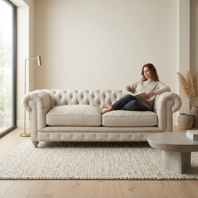 Divano Chesterfield bianco in tessuto a tre posti per il lussuoso soggiorno.