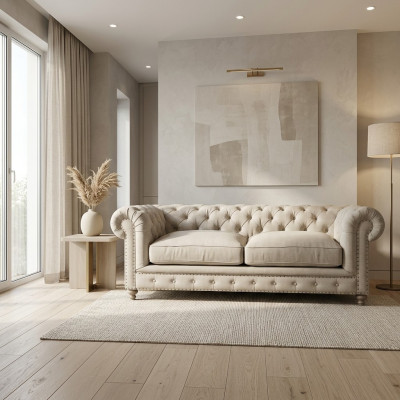 Divano bianco Chesterfield di lusso a tre posti, moderno divano da soggiorno a tre posti.