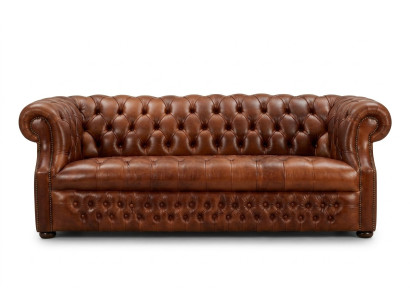 Chesterfield marrone a tre posti, divano 3 posti di design elegante.