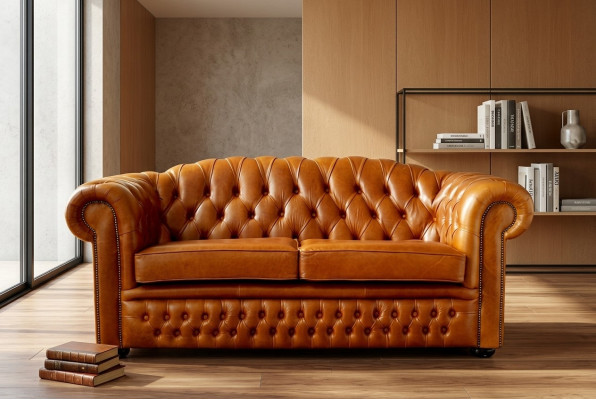 Divano Chesterfield in tessuto imbottito in pelle in marrone, divano a 3 posti.