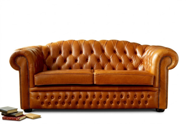 Divano Chesterfield in tessuto imbottito in pelle in marrone, divano a 3 posti.