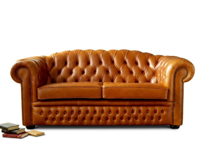 Divano Chesterfield in tessuto imbottito in pelle in marrone, divano a 3 posti.