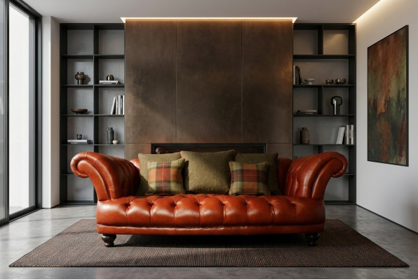 Divano Chesterfield in pelle marrone con rivestimento in tessuto per 3 persone, nuovo.