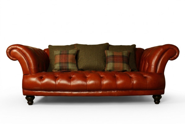 Divano Chesterfield in pelle marrone con rivestimento in tessuto per 3 persone, nuovo.