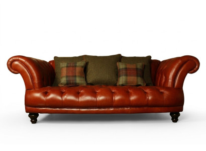 Divano Chesterfield in pelle marrone con rivestimento in tessuto per 3 persone, nuovo.