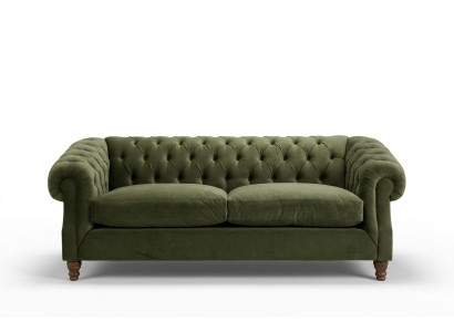 Grande divano Chesterfield verde in tessuto di lusso, design a tre posti.