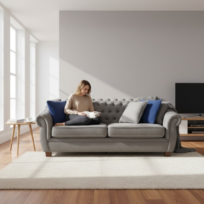 Chesterfield tessuto imbottito tre posti divano soggiorno tessile design