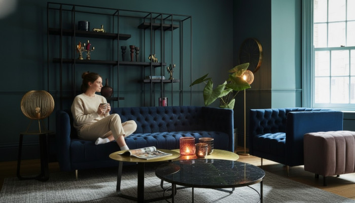 Divano Chesterfield in tessuto o in pelle per 4 persone.