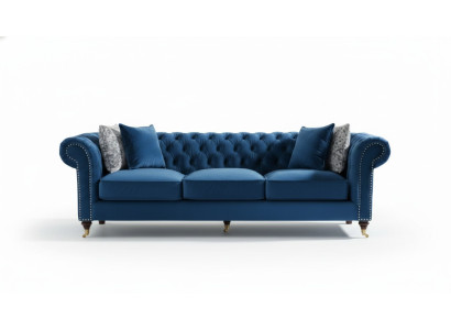 Divano Chesterfield blu, divano da salotto di lusso in stoffa.