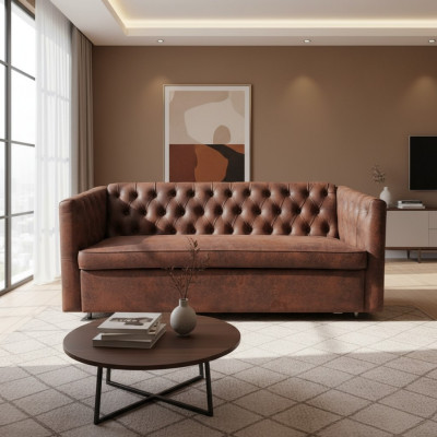 Divano Chesterfield americano in stile, in pelle marrone, a tre posti.