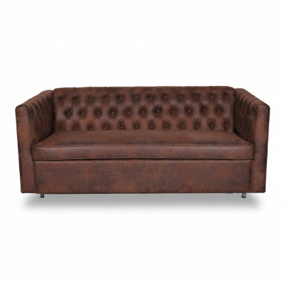 Divano Chesterfield americano in stile, in pelle marrone, a tre posti.