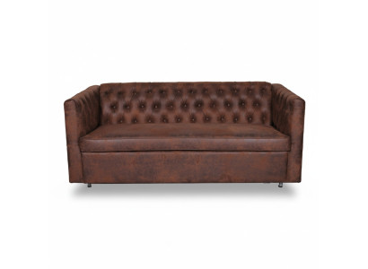 Divano Chesterfield americano in stile, in pelle marrone, a tre posti.