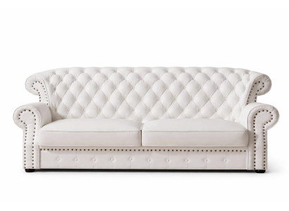 Divano Chesterfield bianco a tre posti con schienale alto, vero cuoio artigianale.