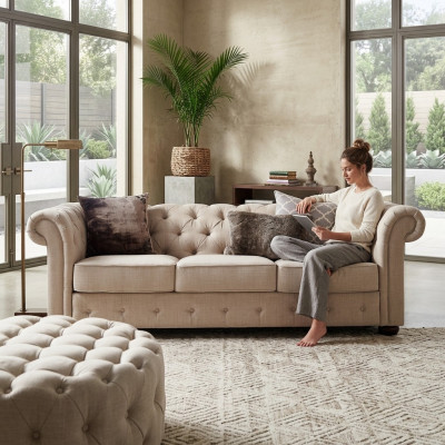 Stile casa di campagna Arredamento - Set divano Chesterfield 3+2 posti in tessuto.