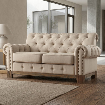 Chesterfield 2 posti Classico lussuoso divano in legno naturale tessuto pelle divano