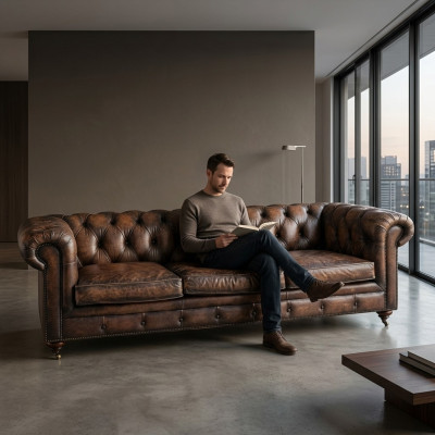Divano Chesterfield in pelle marrone a 3 posti, stile inglese.