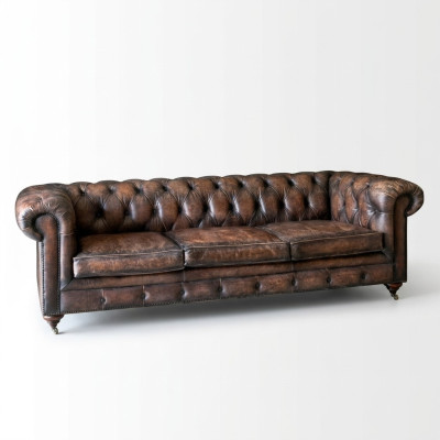 Divano Chesterfield in pelle marrone a 3 posti, stile inglese.