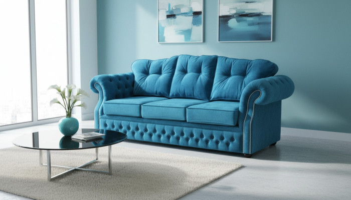 Divano Chesterfield in stoffa blu, Tre posti, Design per il salotto.