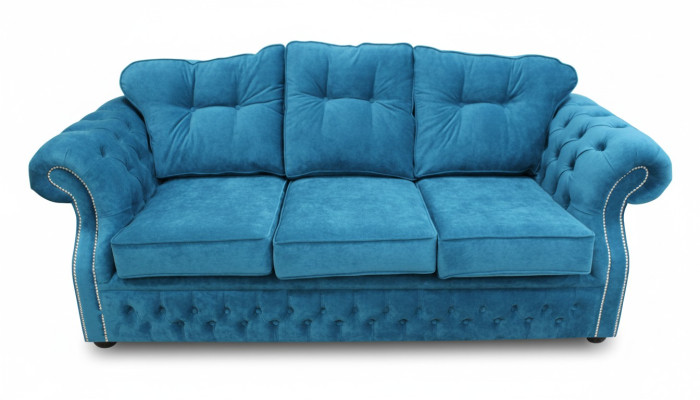 Divano Chesterfield in stoffa blu, Tre posti, Design per il salotto.