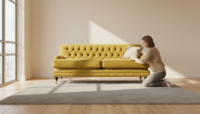 Giallo Chesterfield tessuto imbottito divano a tre posti design salotto