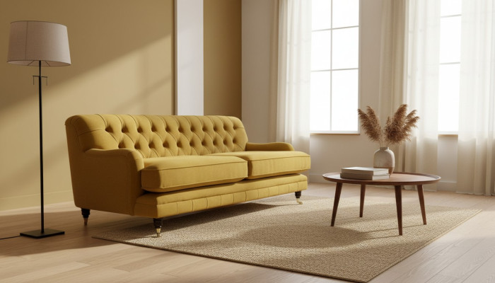 Giallo Chesterfield tessuto imbottito divano a tre posti design salotto