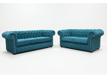 Set divani 3+2 posti Chesterfield in tessuto e pelle di lusso classico.