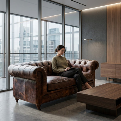 Divano Chesterfield da club per uomini marrone in pelle con imbottitura, tre posti.