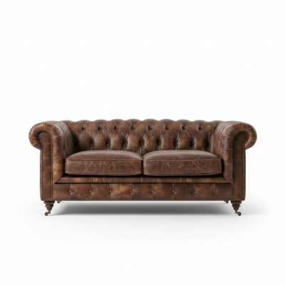 Divano Chesterfield da club per uomini marrone in pelle con imbottitura, tre posti.