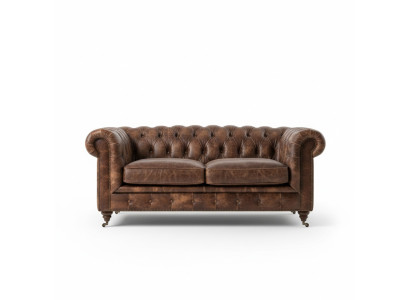 Divano Chesterfield da club per uomini marrone in pelle con imbottitura, tre posti.