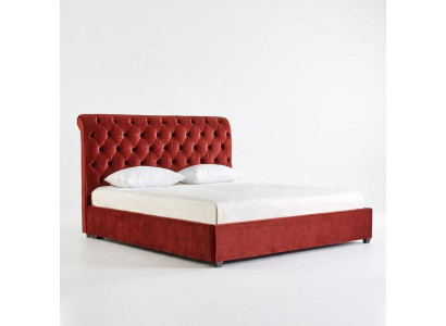 Camera da letto reale in rosso royal Chesterfield con letto matrimoniale imbottito design di lusso.