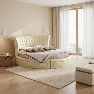 Letto rotondo Chesterfield Design Letto rotondo da camera da letto in tessuto pelle imbottito