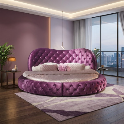 Rotondo letto design Chesterfield camera da letto in tessuto pelle imbottito violetto rotondo di lusso